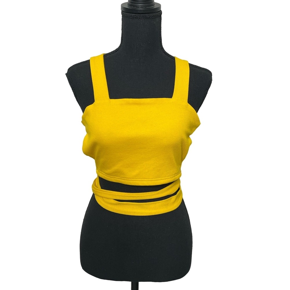 Yellow Crop Top Crisscross Wrap Multi Tie Wide‎ Strap Open Back Ribbed XS Shein